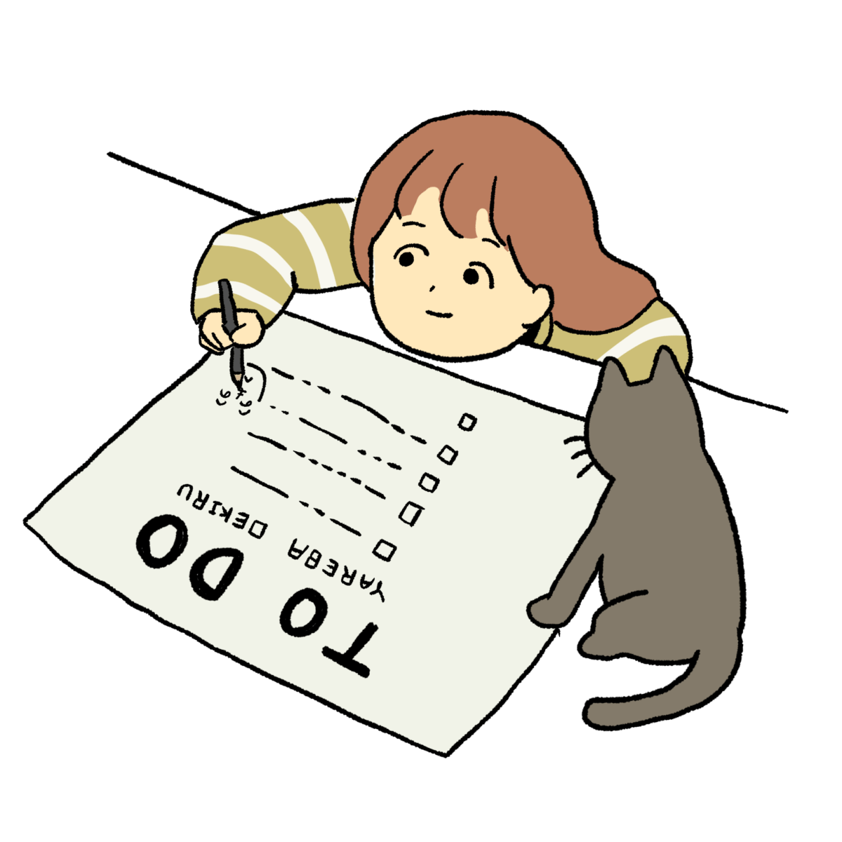 To Doリストを書く女の子と邪魔しようとする猫